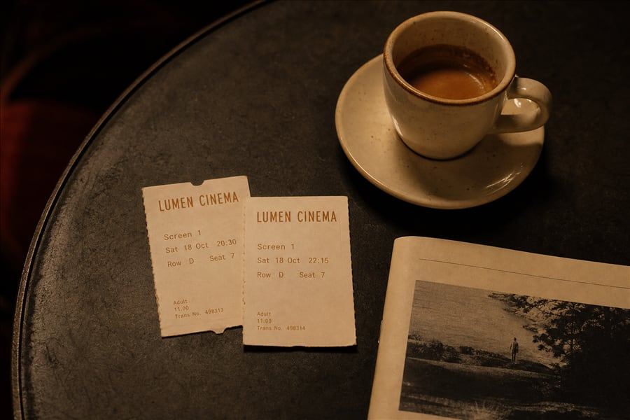 Two paper cinema tickets on a warm charcoal table.