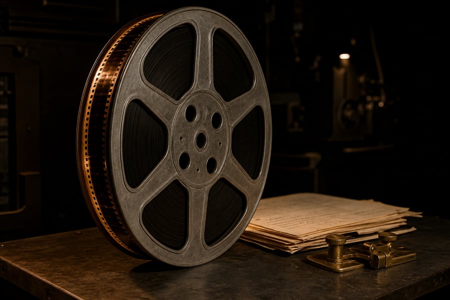 A 35mm film reel and brass splicer on a workbench.