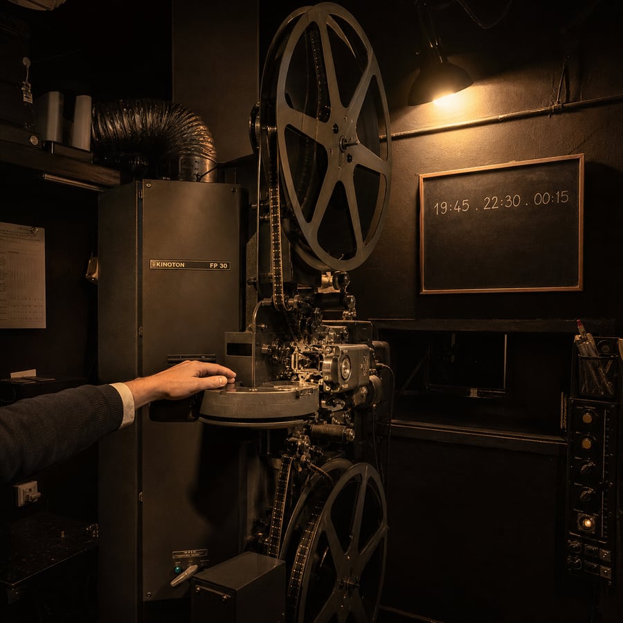 A projectionist's hand threading 35mm film into a projector.