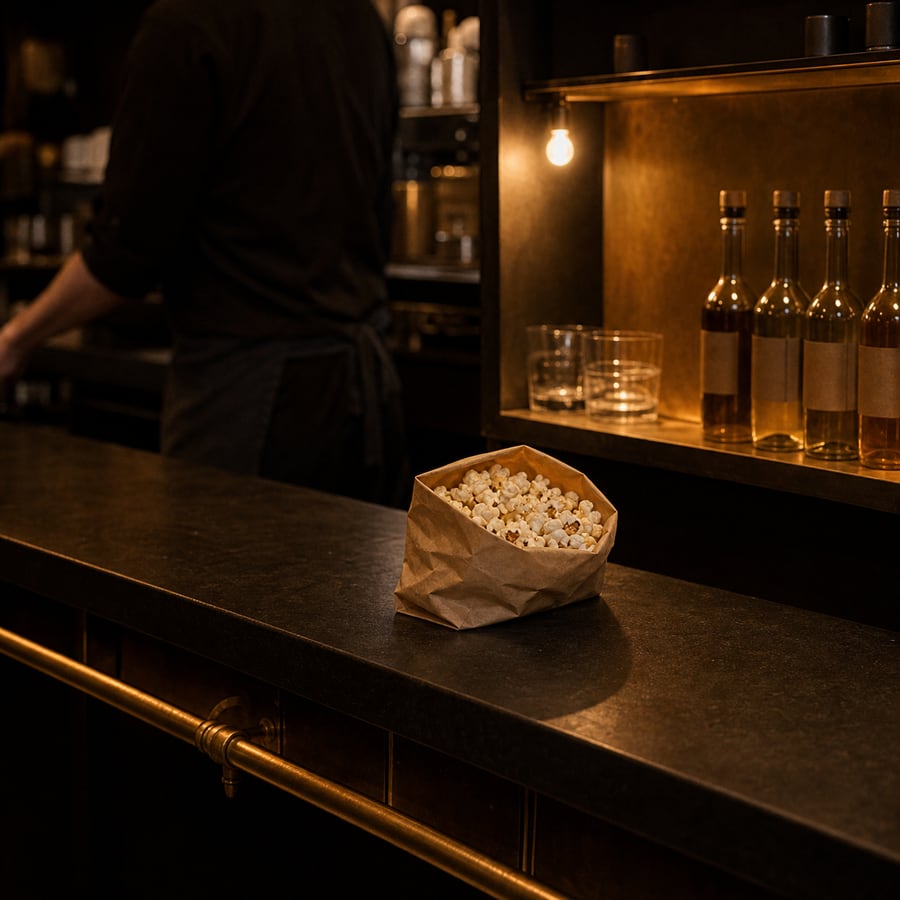 A warm brass cinema snack bar at counter height.