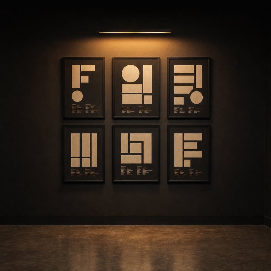 A grid of framed programme posters on a dark foyer wall.